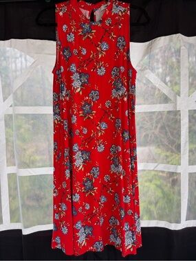 LOFT Red Floral Sleeveless A-Line Dress
